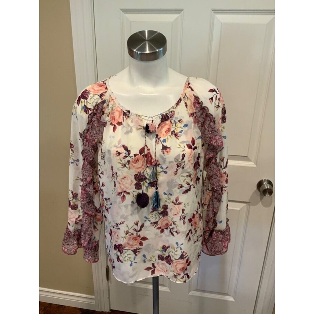 Misa Pink & Cream Floral V-Neck Shirt W/ Ruffles Pom Poms Tassels, Size Medium